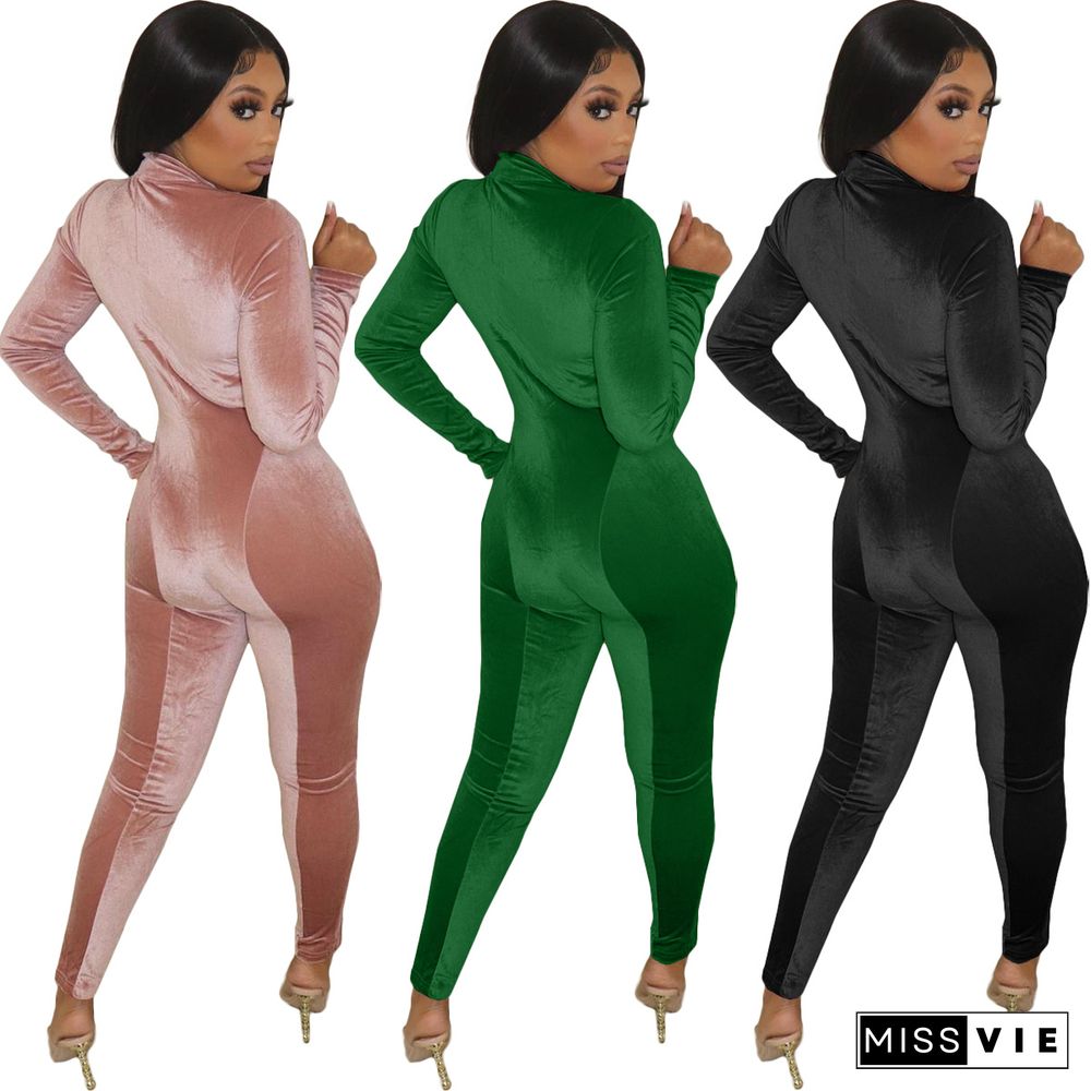 Velvet Patchwork Front Zipper Bodycon Jumpsuit