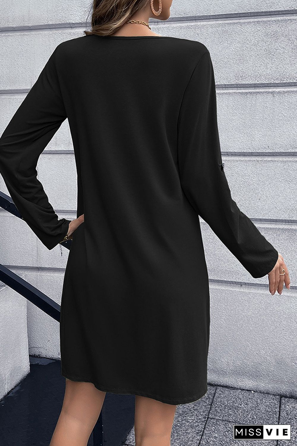 V Neck Front Open Button Long Sleeves Dress