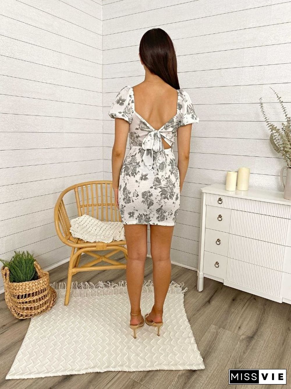 Floral Printed Puff Sleeve Low Back Mini Dress