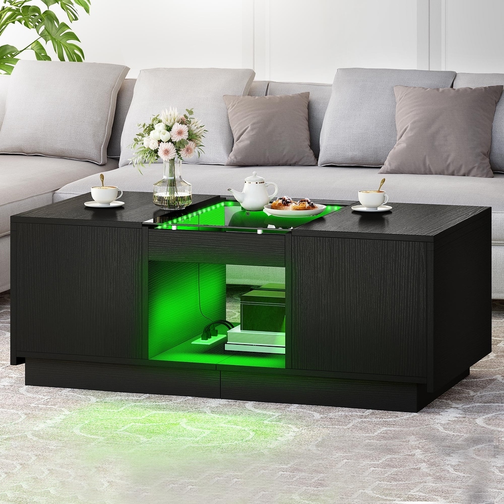 Modern Wood Coffee Table with Storage Drawers and LED Lighting