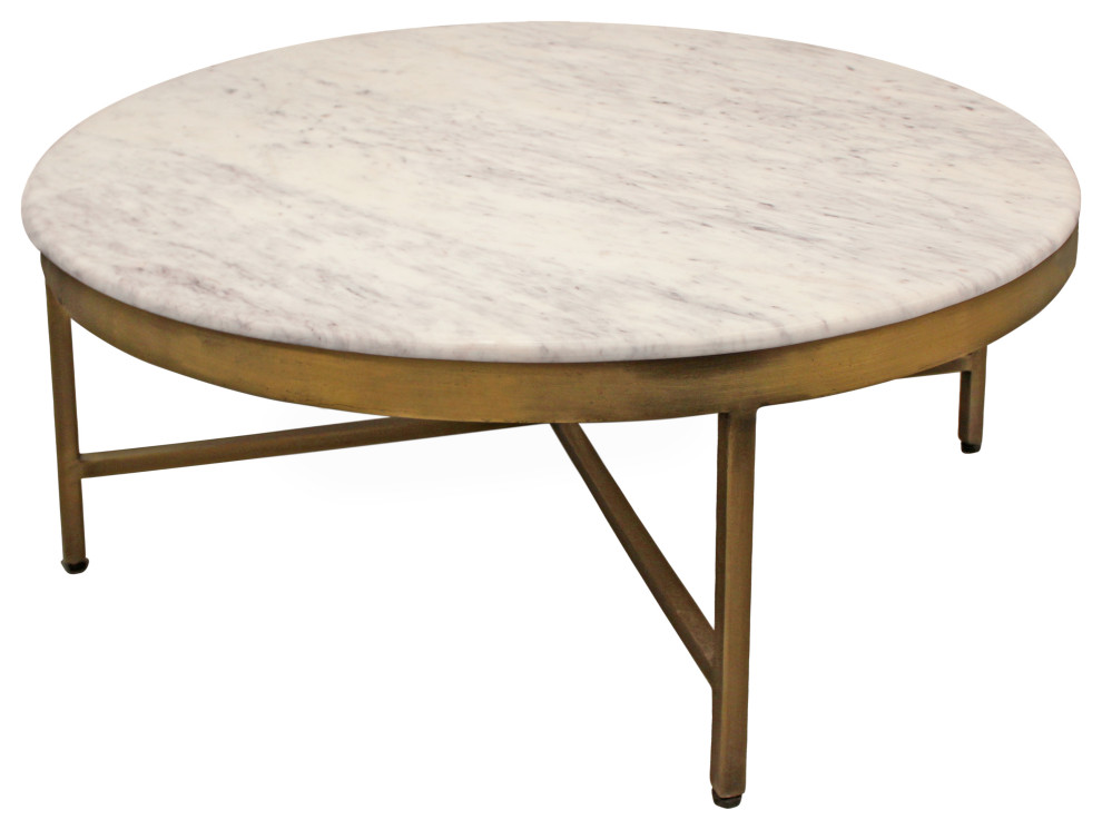 Orlando Carlton Ivory Marble Top Round Coffee Table on Brass Color Iron Base   Contemporary   Coffee Tables   by Moti  Houzz