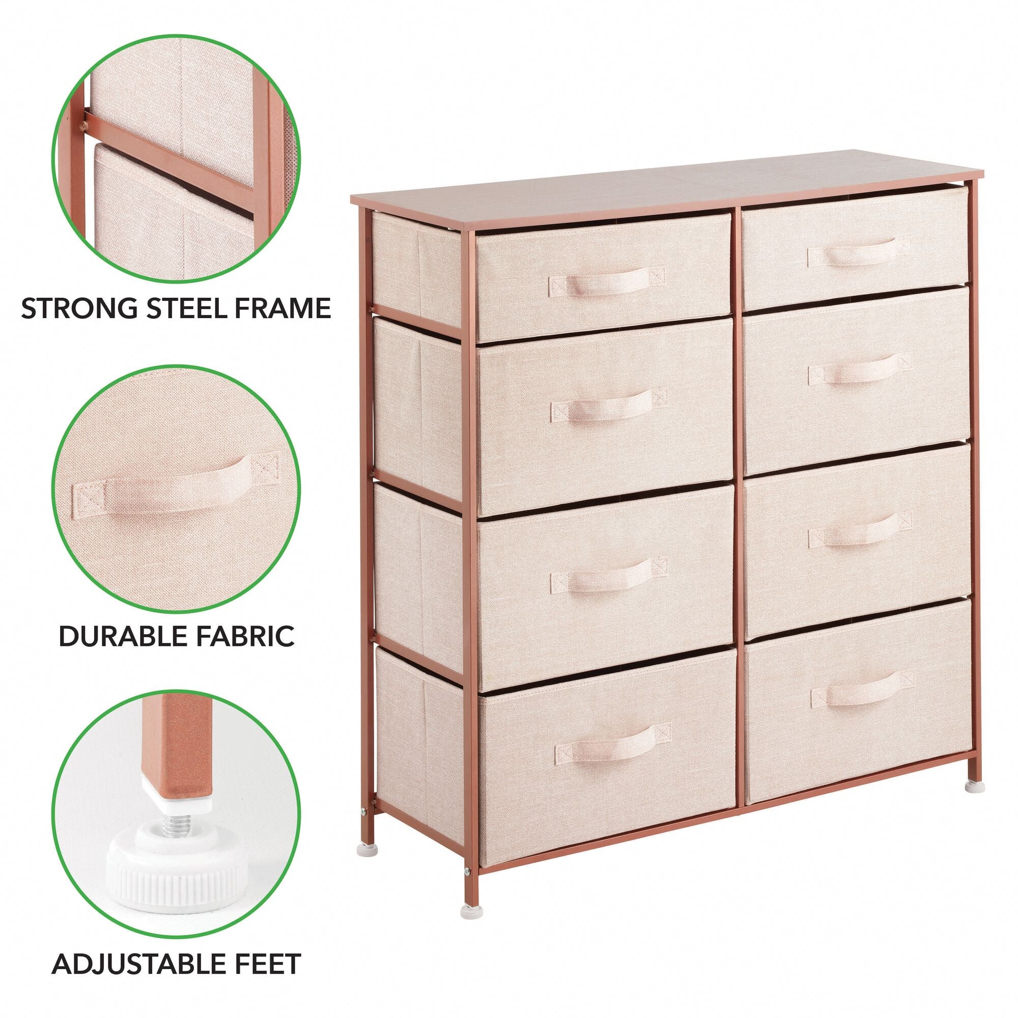 mDesign Tall Steel Frame/Wood Top Storage Dresser Furniture Unit with 8 Slim Removable Fabric Drawers, Large Bureau Organizer for Bedroom, Living Room, Closet - Lido Collection, Light Pink/Rose Gold