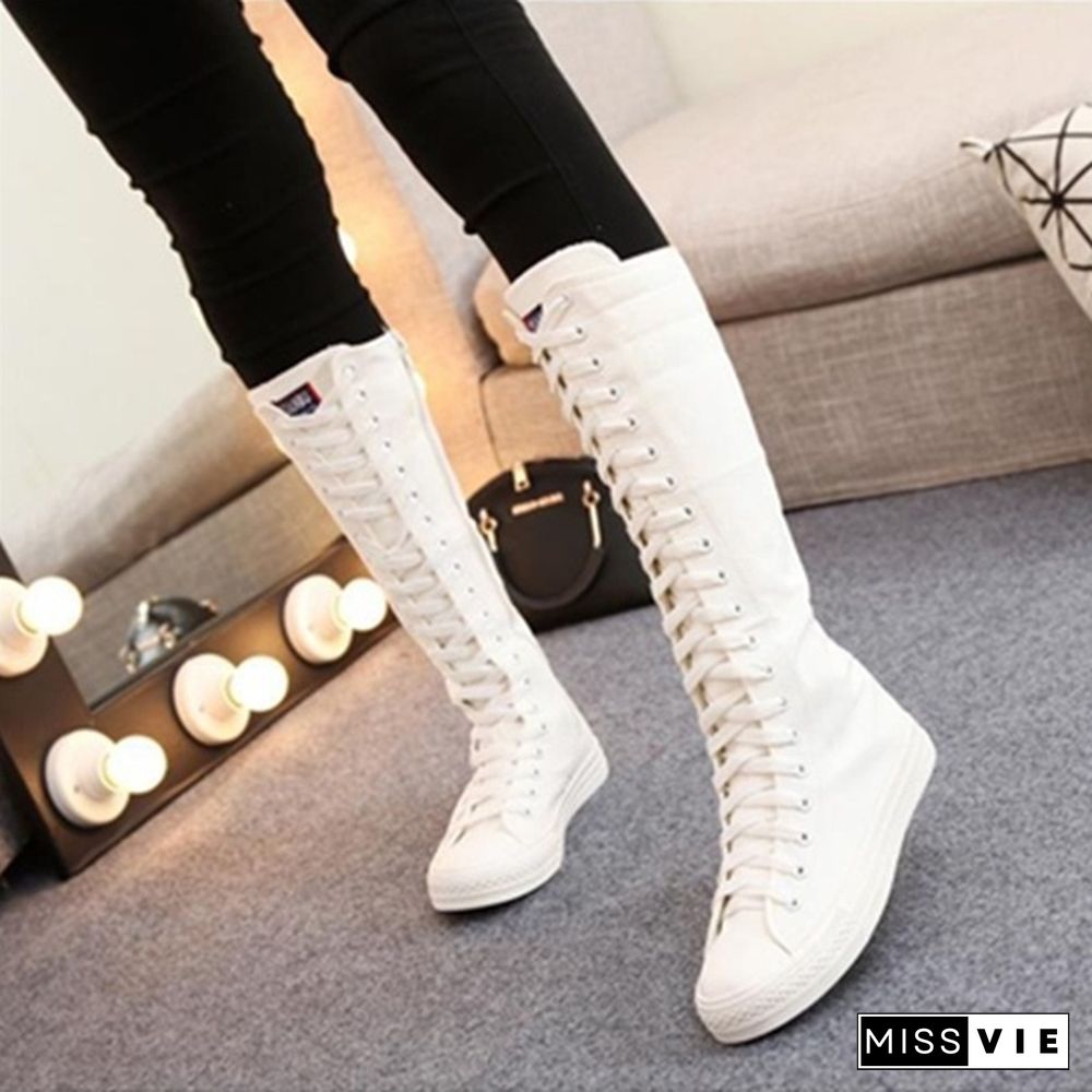 Women Motorcycle Flat Tall Punk Shoes Hot Sale Womens Knee High Boots Ladies Canvas Lace Up Zipper Boots Autumn Woman Shoe