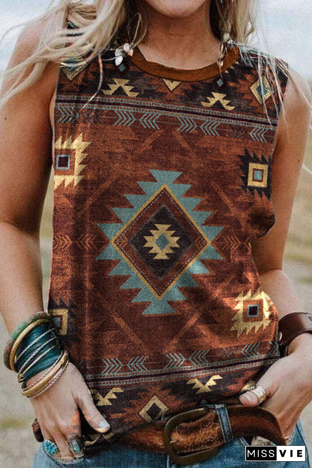 Brown Aztec Print Sleeveless Tank Top