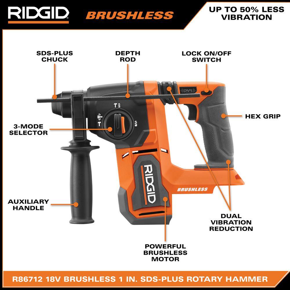 RIDGID 18V Brushless Cordless 1 in. SDS-Plus Rotary Hammer with 18V Lithium-Ion 4.0 Ah Battery R86712B-AC87004