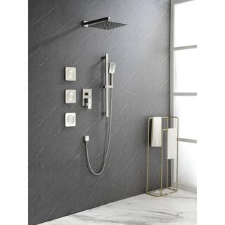 Satico 12 in. 2-Handle 3-Spray Wall Mount Pressure Balance Square Rainfall Shower System with Rough-In Valve in Brushed Nickel WDGSS011