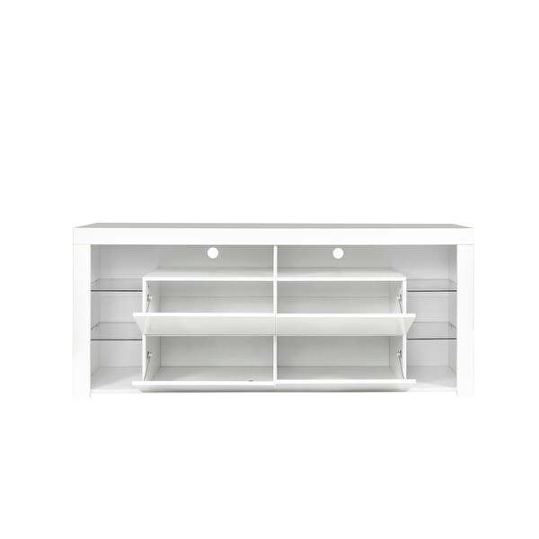 White Modern LED TV Cabinet with 4 Storage Drawers and Open Shelves - 67Wx16Dx28H