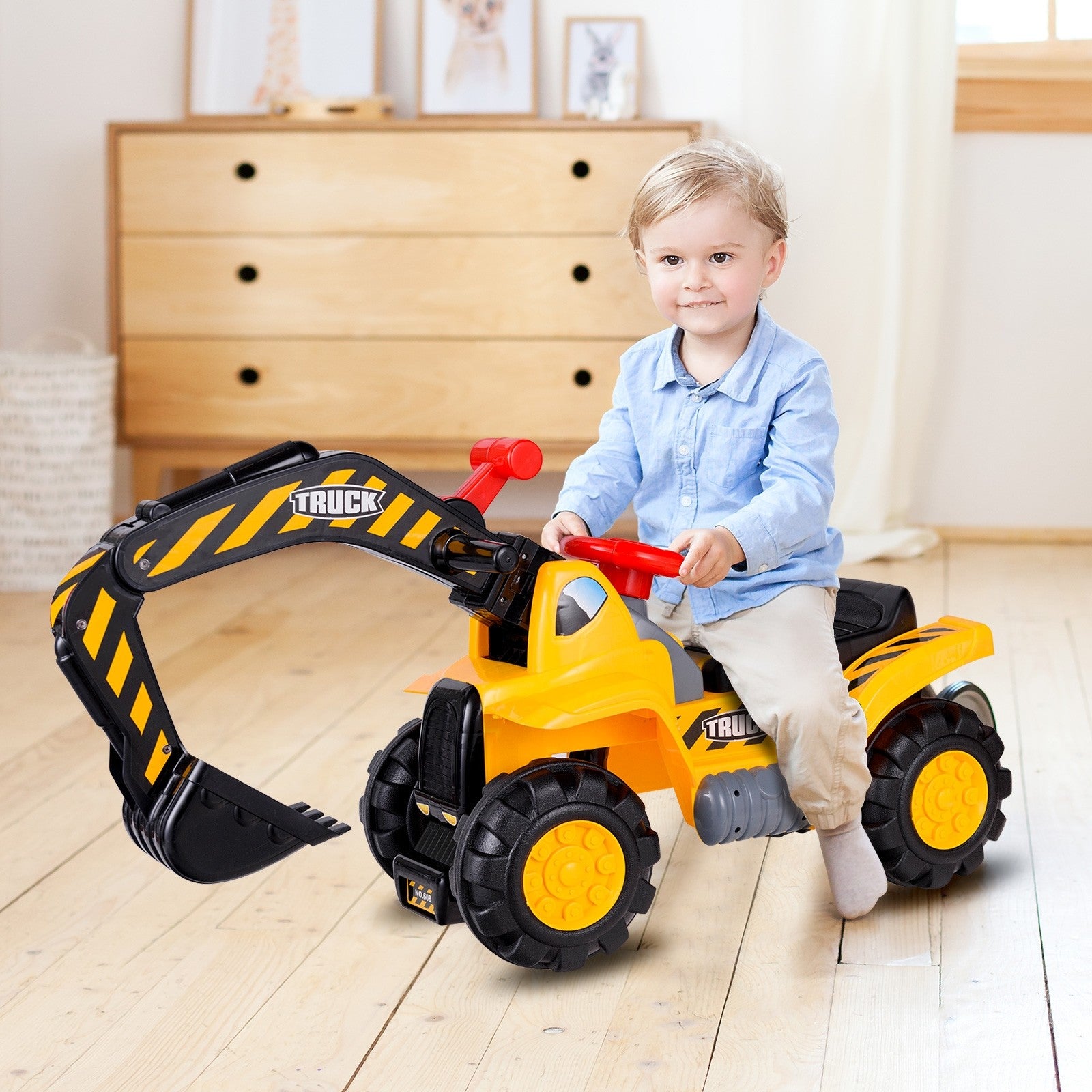 Kids Ride On Construction Excavator, Outdoor Digger Scooper Tractor Toy