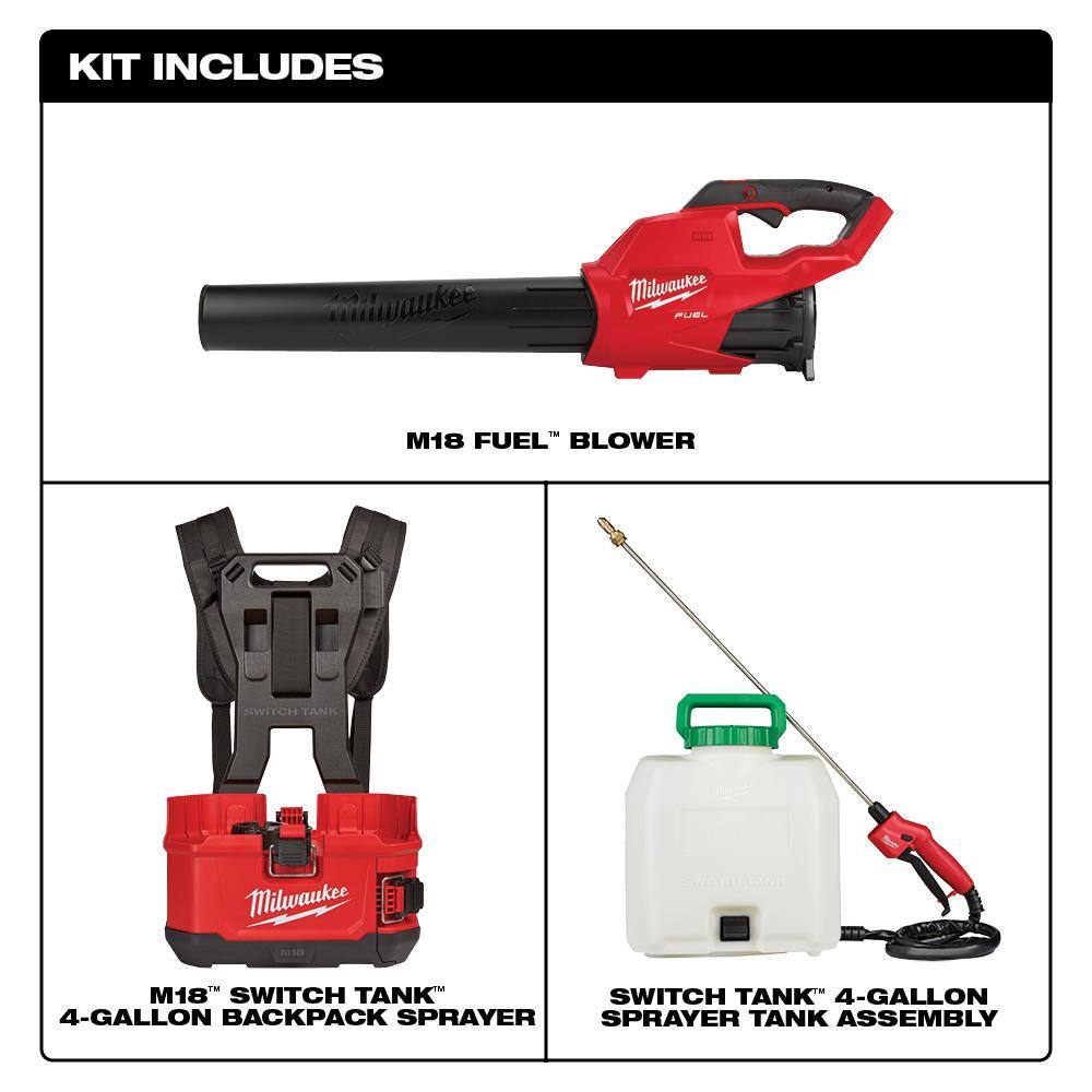 MW M18 18-Volt Lithium-Ion Cordless Switch Tank Backpack Pesticide Sprayer  FUEL 120 MPH 450 CFM Handheld Blower Combo Kit 2724-20-2820-20PS