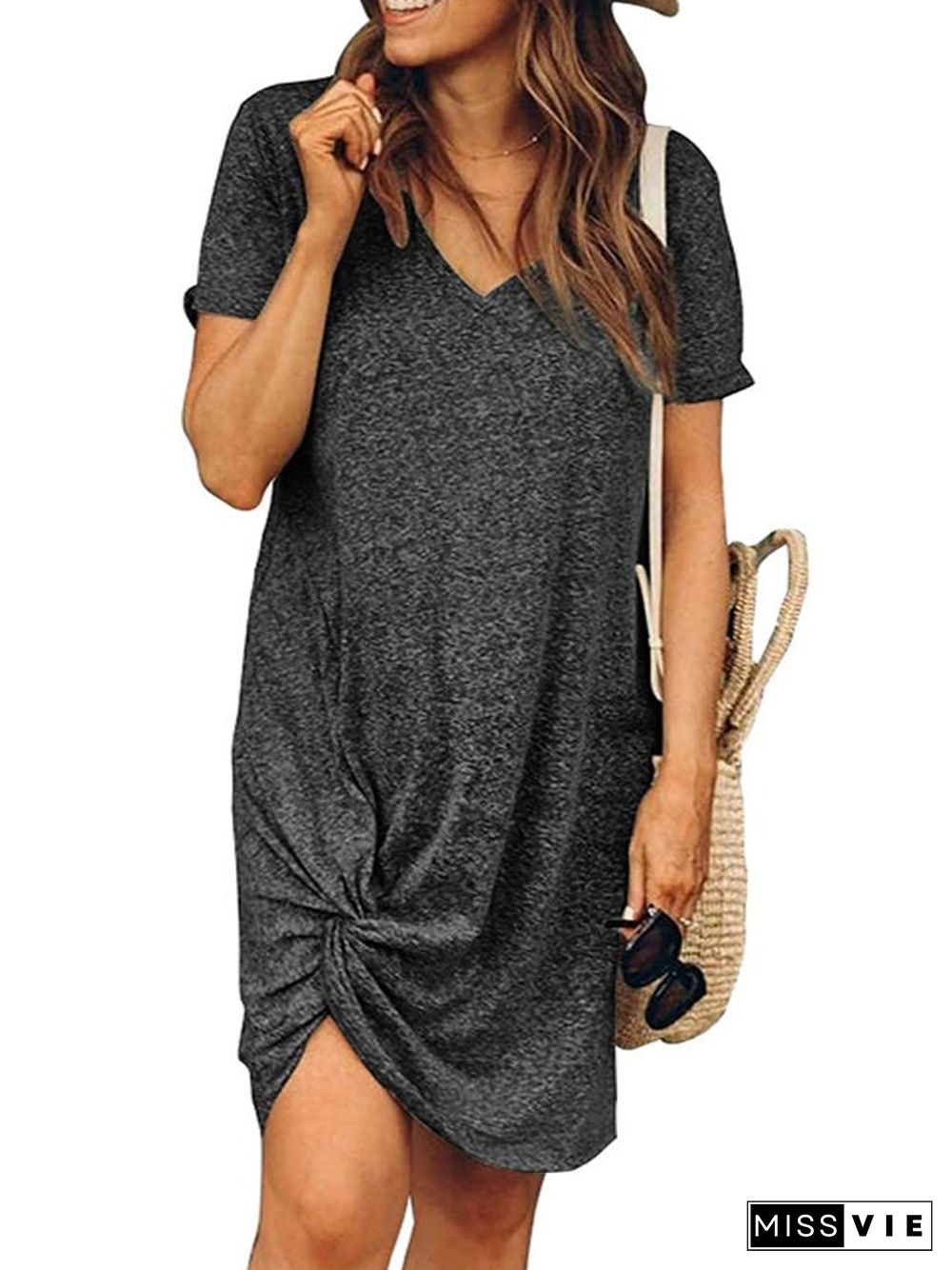 Summer Women's Round-necked Short-sleeved Side Knotted Dress