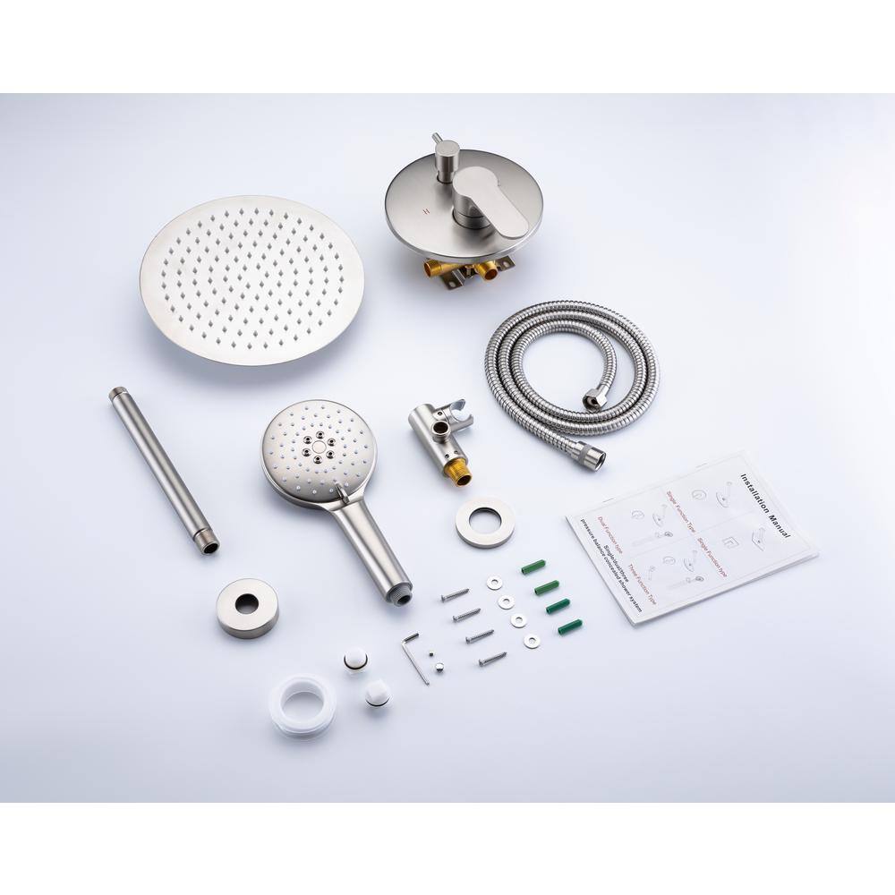 Mondawe Mondawell Round 3-Spray Patterns 10 in. Ceiling Mount Rain Dual Shower Heads with Handheld and Valve in Brushed Nickel MA-D96205BN