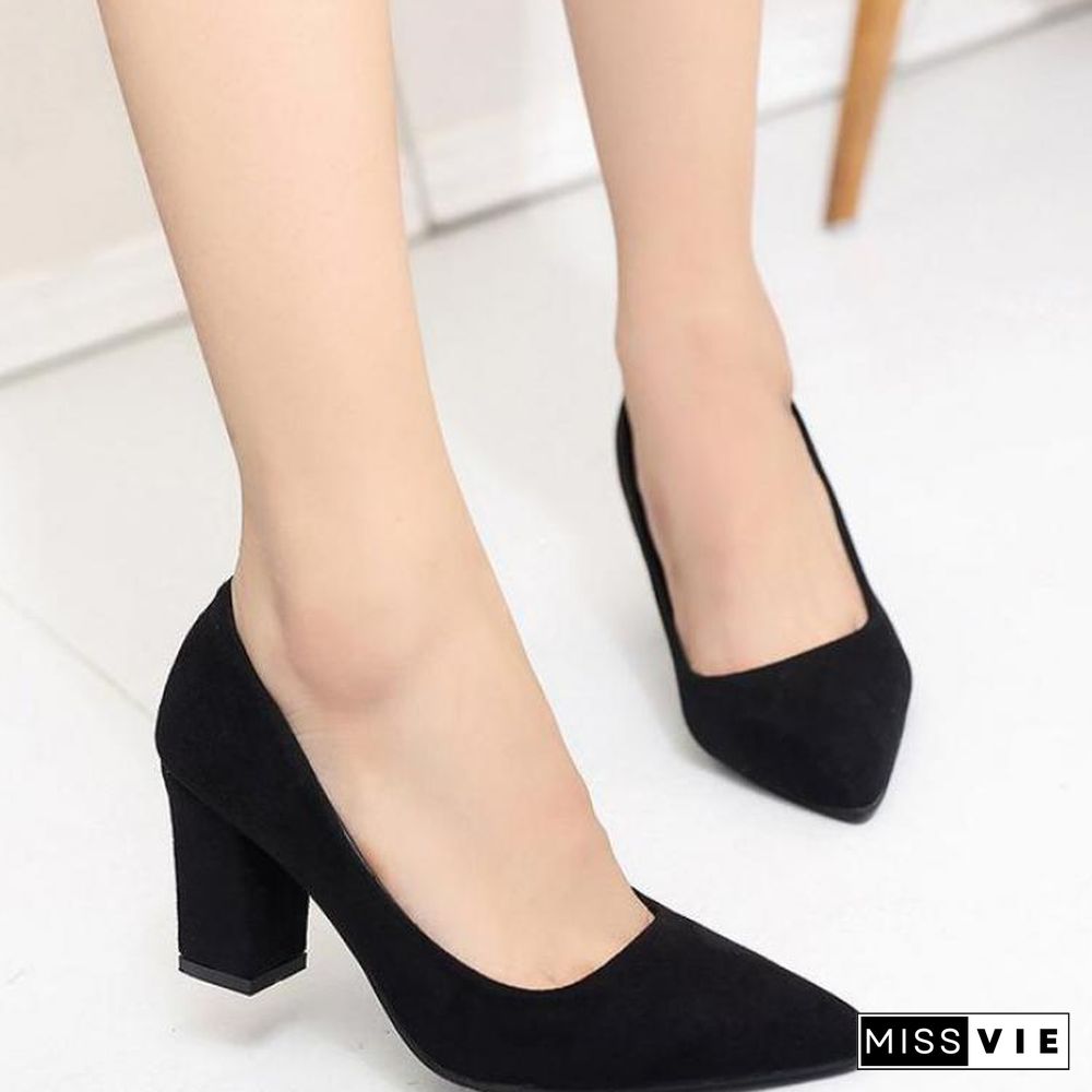 High Heels Women Pumps Sexy Nightclub Wedding Casual Shoes Pointed Toe Parties Dress Slip-On Summer Flock Shallow Square Heel