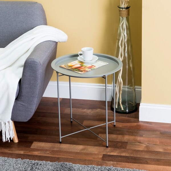 Foldable Round Multi-Purpose Side Accent Metal Table， Matte Grey