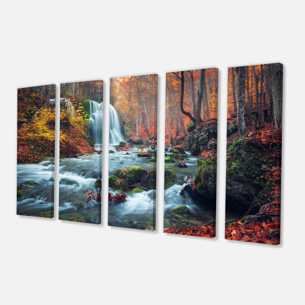 Autumn Mountain Waterfall Long View Landscape Photo Canvas Print   Orange