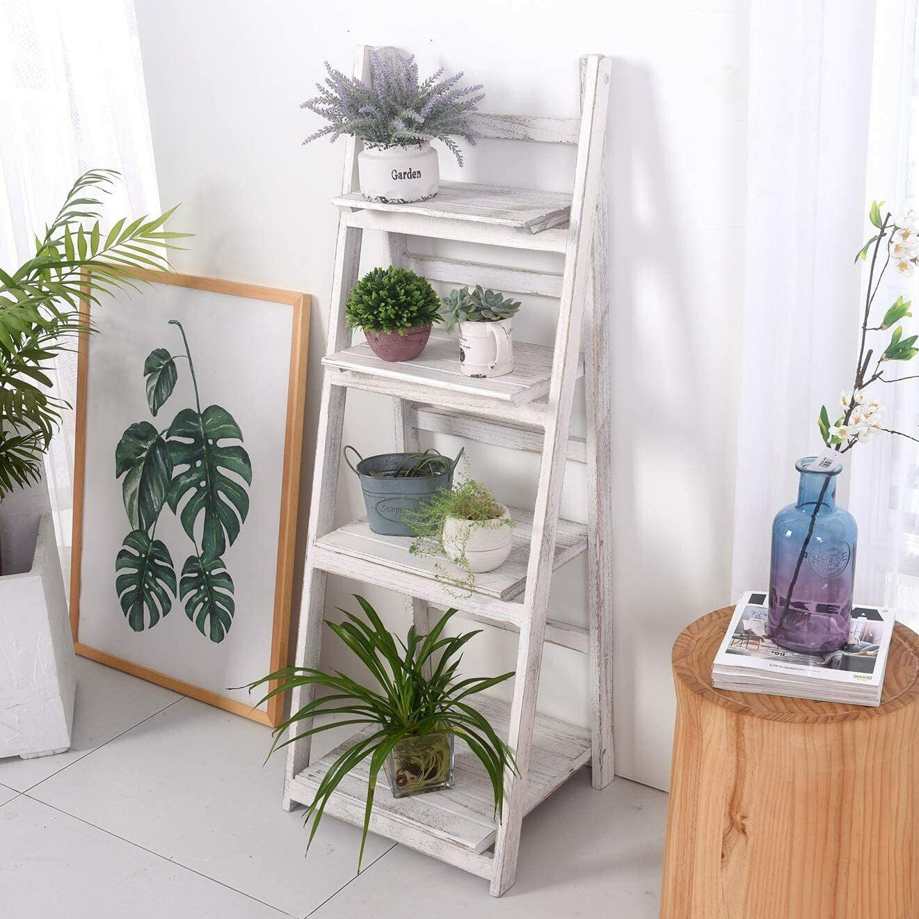 4Tier Wooden Plant Flower Stand Multi-Purpose Display Rack Foldable Ladder Shelf