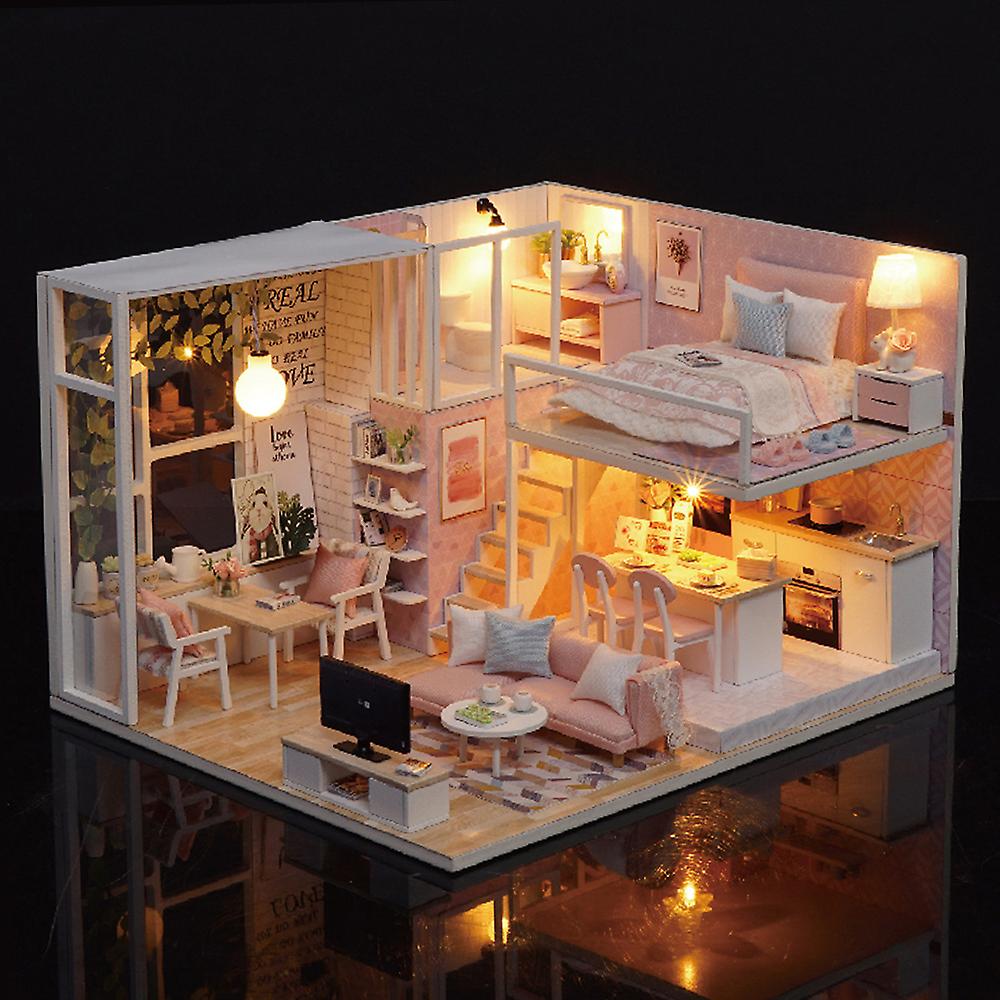 Diy Miniature Loft Dollhouse Kit Realistic Mini 3d Pink Wooden House Room Toy With Led Lights Dust Cover No.329519