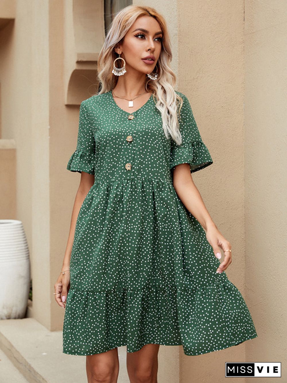 V-Neck Polka Dot Ruffled Long Skirt