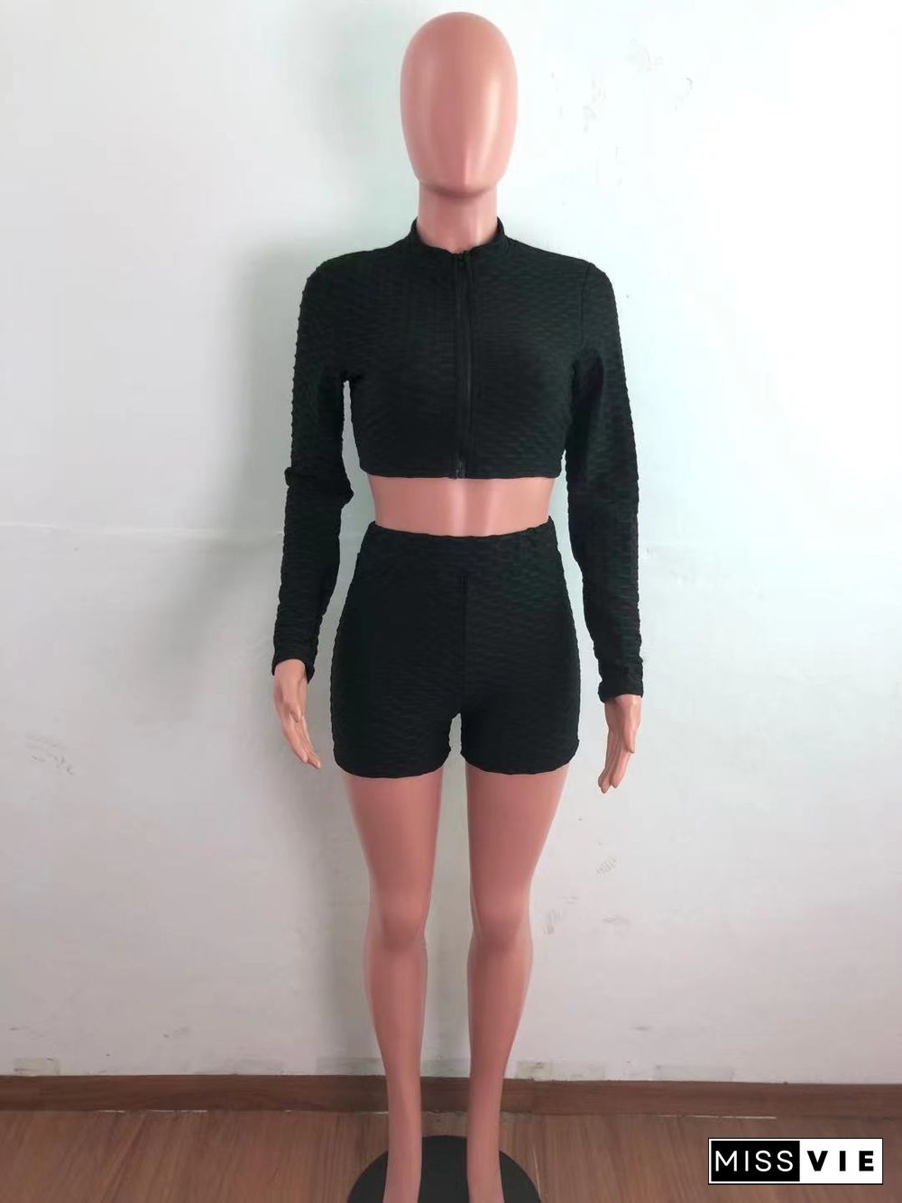 Women Solid Color Pineapple Grid Long Sleeve Zipper Crop Top Coat Slim Shorts Gym Sport 2 Piece Set