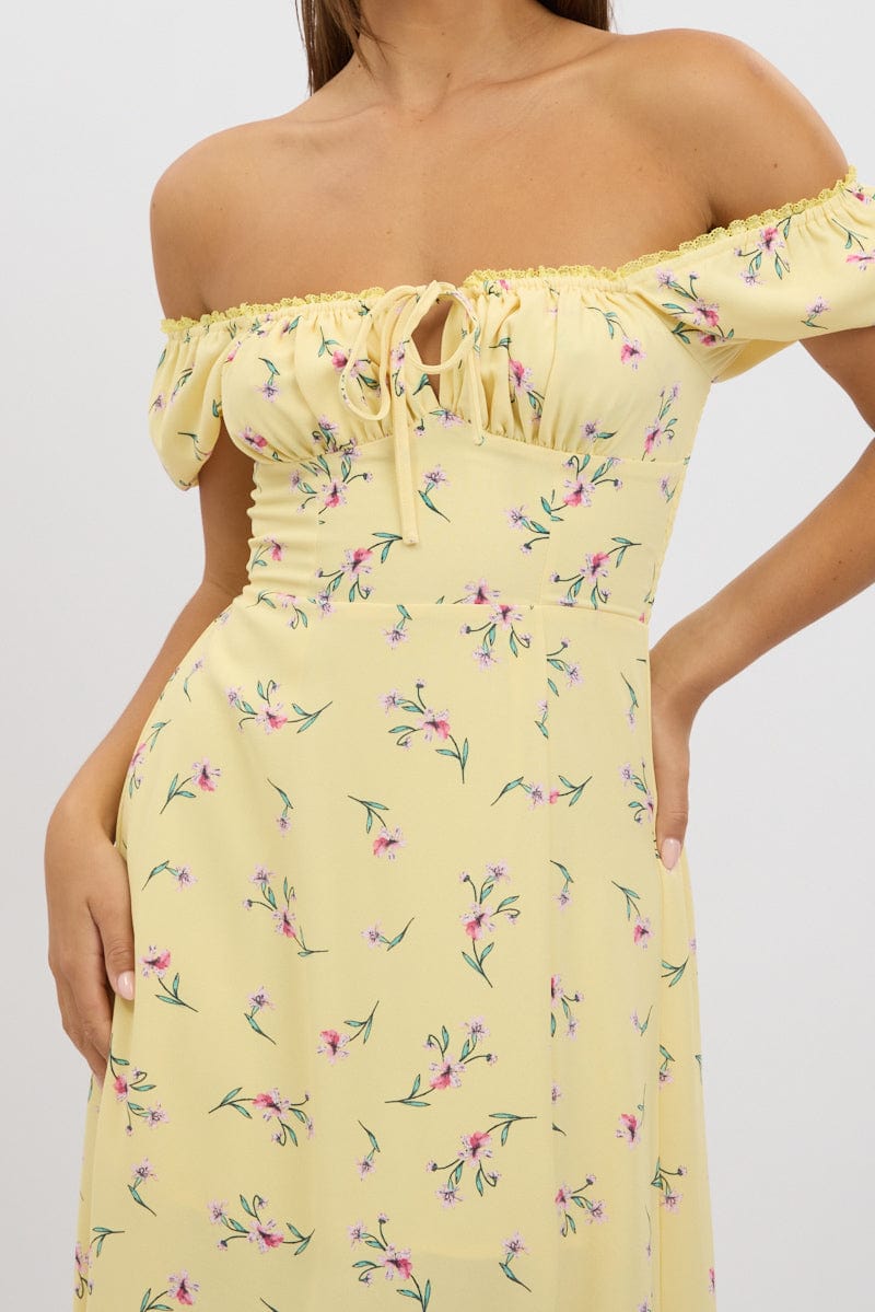 Yellow Floral Midi Dress Ruched Bust