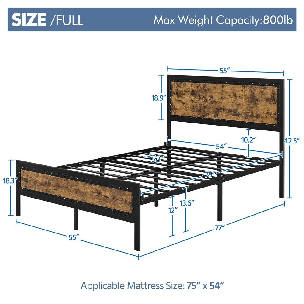 Easyfashion Industrial Metal Platform Bed Full, Rustic Brown