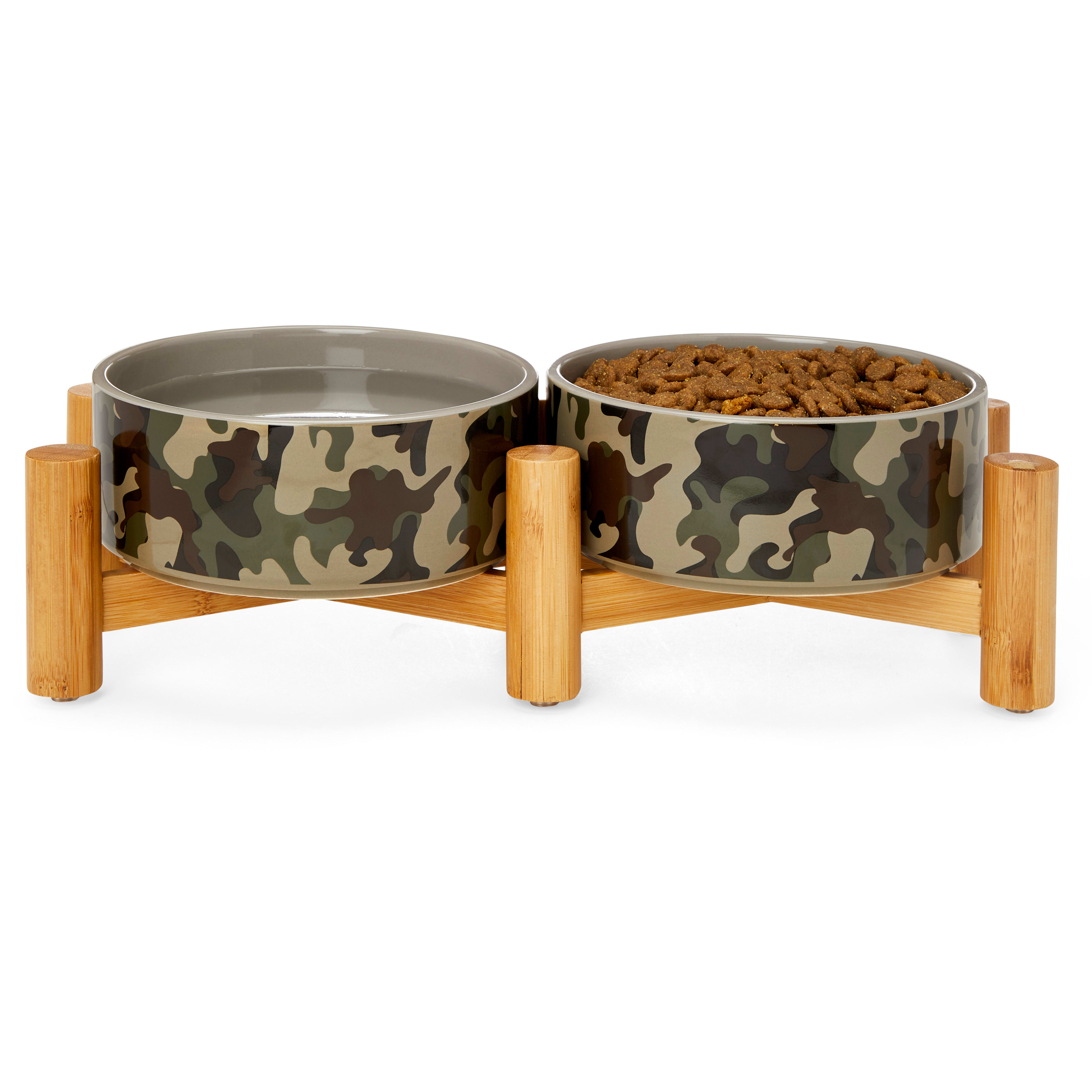 Reddy Camo Ceramic  Bamboo Elevated Double Diner for Dogs， 3 Cups