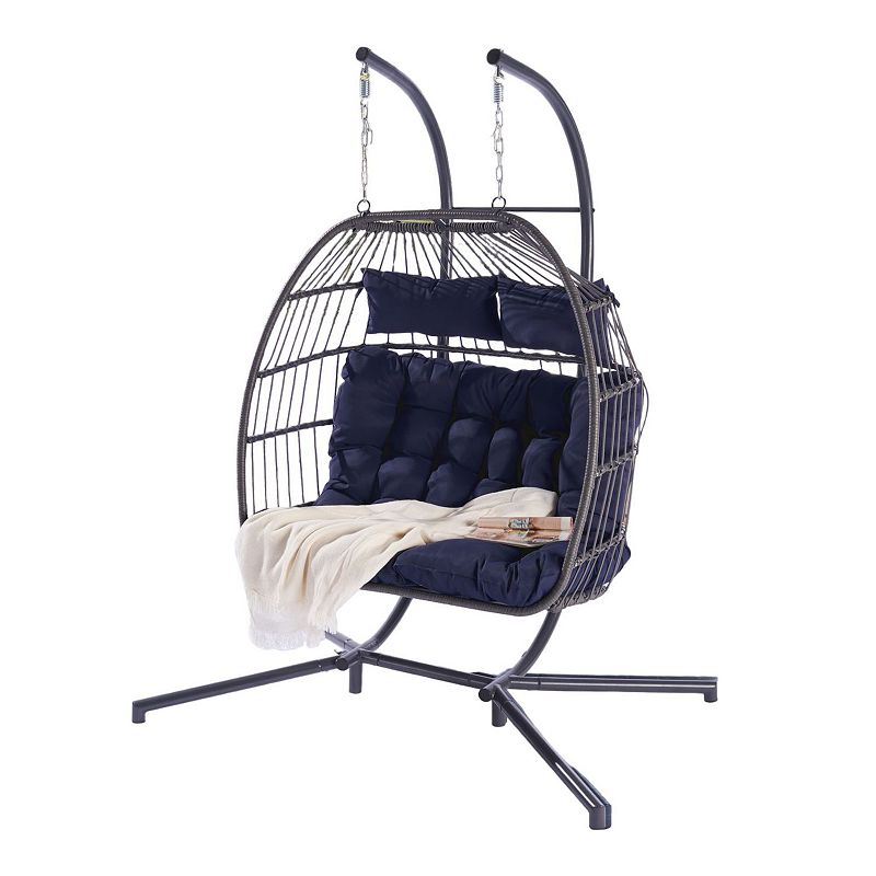 F.C Design 2 Person Outdoor Rattan Hanging Chair - Patio Wicker Egg Chair for Relaxation and Comfort