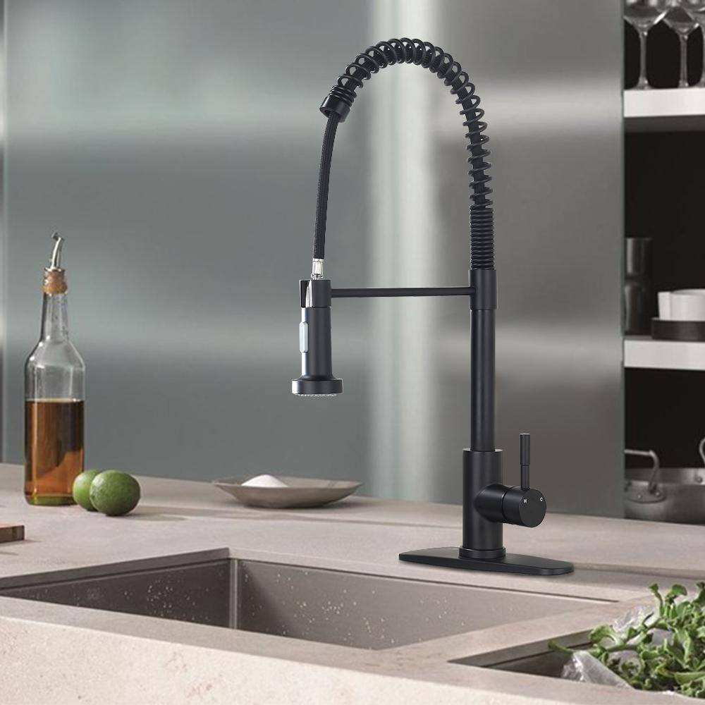 YASINU Single-Handle Deck Mount Pull Down Sprayer Kitchen Faucet with Deckplate Included in Stainless Steel Matte Black YNAB432-MB