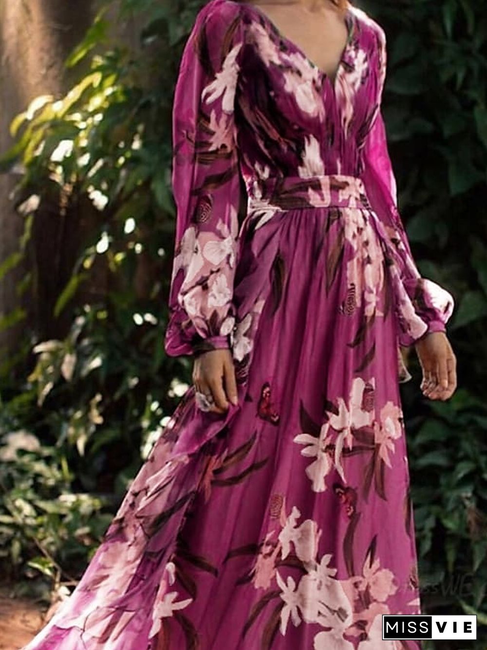 Women's Chiffon Dress Maxi long Dress Purple Long Sleeve Floral Color Block Summer V Neck Holiday Boho S M L XL XXL 3XL