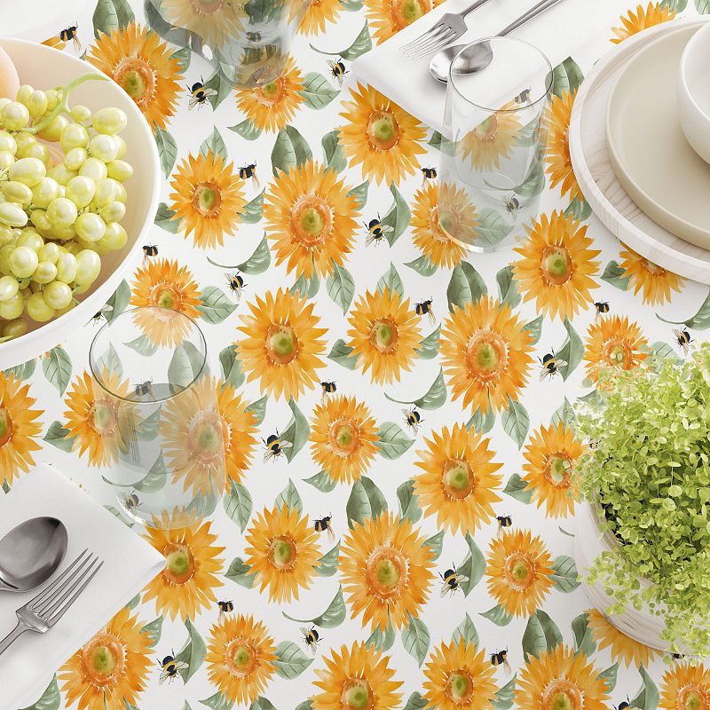 Square Tablecloth， 100% Cotton， 60x60， Buzzing Bees and Sunflowers