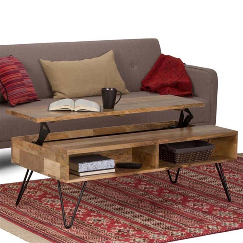 Hunter SOLID MANGO WOOD and Metal 48 inch Wide Rectangle Industrial Lift Top Coffee Table in Natural