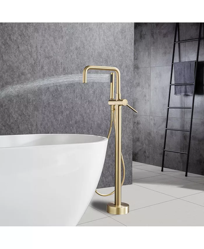 Simplie Fun Freestanding Tub Filler Matte Black Bathtub Faucet Floor Mount Single Handle Brass Tub Faucets with Handheld Shower Swivel Spout