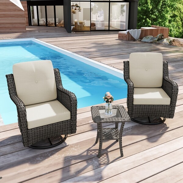 Outdoor 3 Pieces Rattan Wicker Bistro Set Swivel Rocker With Cushion and Table