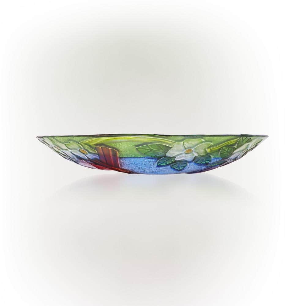 Alpine Corporation 18 in. Round Outdoor Birdbath Bowl Topper with Painted Red Cardinal and Floral Design KPP608T-18