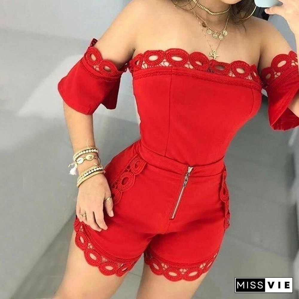 Summer Sexy Nightclub Set Women Lace Tracksuit Set Ladies Off Shoulder 2 Piece Set Women Tight Short Pant Suit Female 3XL