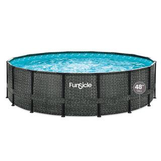 Funsicle 16 ft. Round 48 in. Deep Metal Frame Above Ground Pool Dark Herringbone P4A01648B