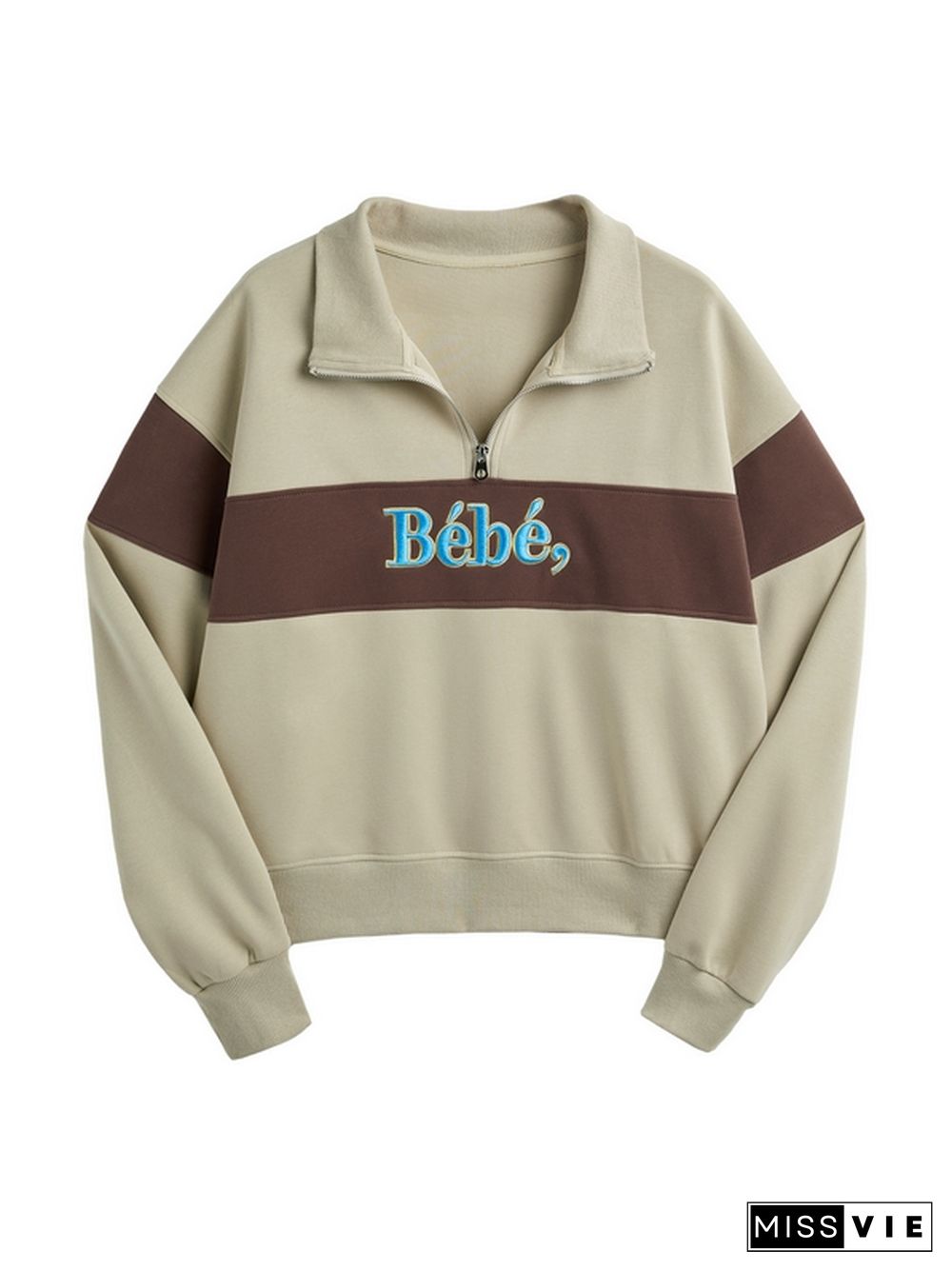 Color Block Splice Letter Embroidery Print Sweatshirt