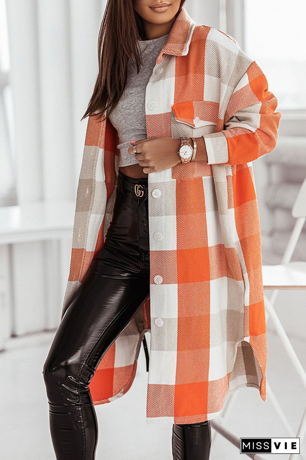 Long Length Open Button Plaid Jackets