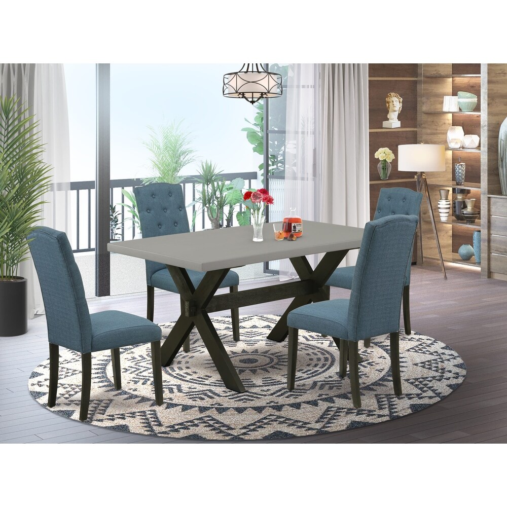 East West Furniture Table Set  a Kitchen Table and Mineral Blue Linen Fabric Parson Chairs  Wire brushed Black.(Pieces Options)