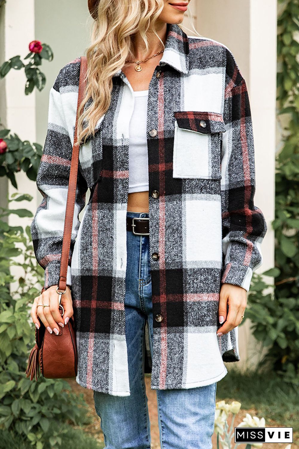 Button Pockets Plaid Shacket Jacket