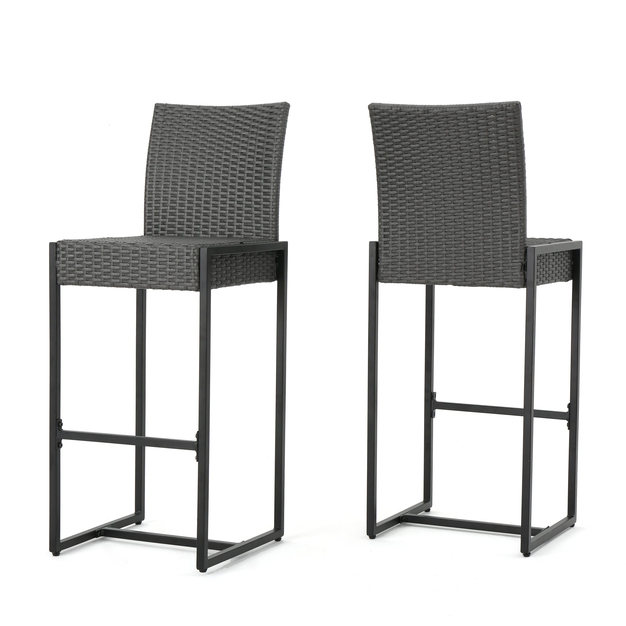 Conrad Outdoor Transitional 30-Inch Gray Wicker Barstools with Metal Frame