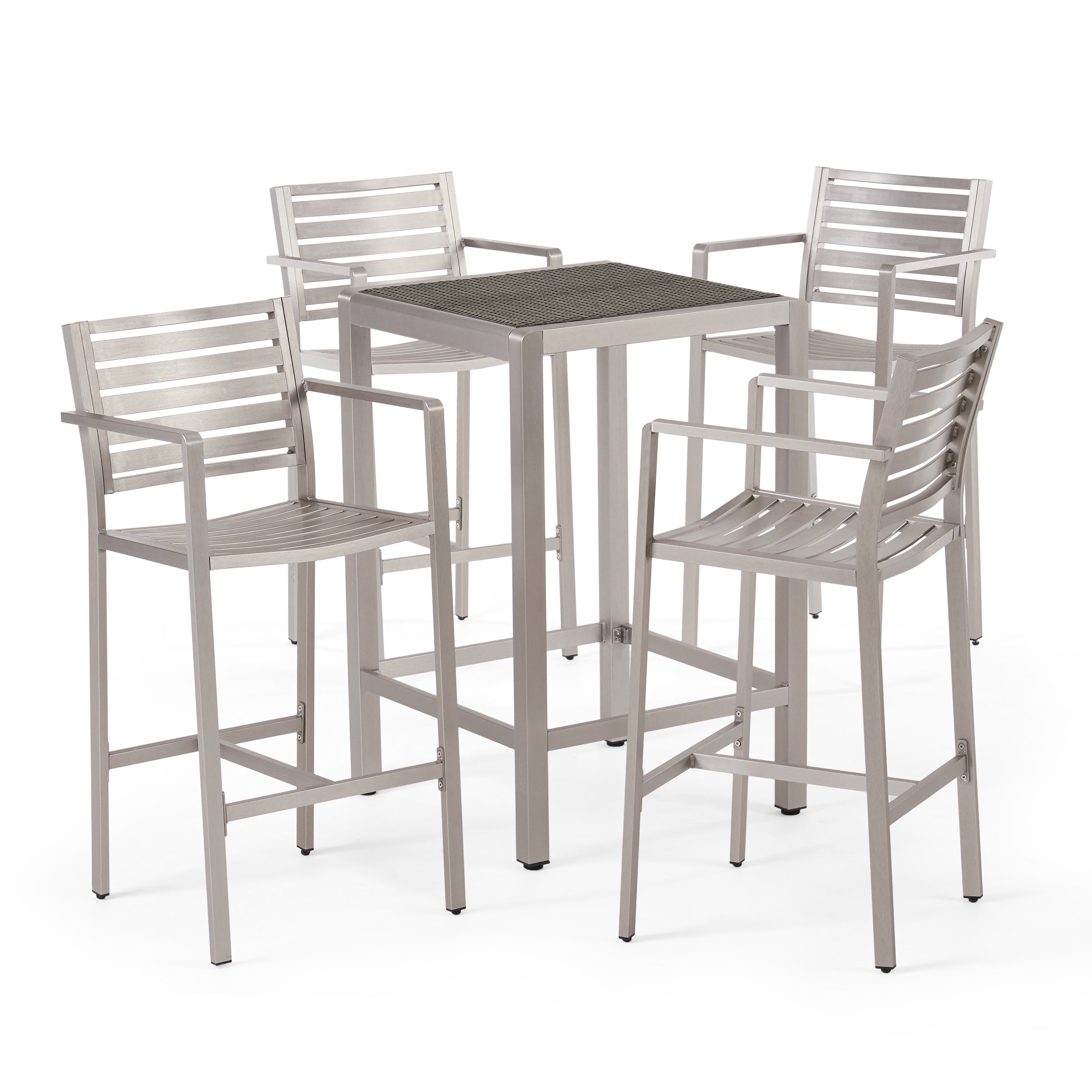 Tracy Outdoor 5 Piece Silver Rust-Proof Aluminum Bar Set with Grey Wicker Top Bar Table