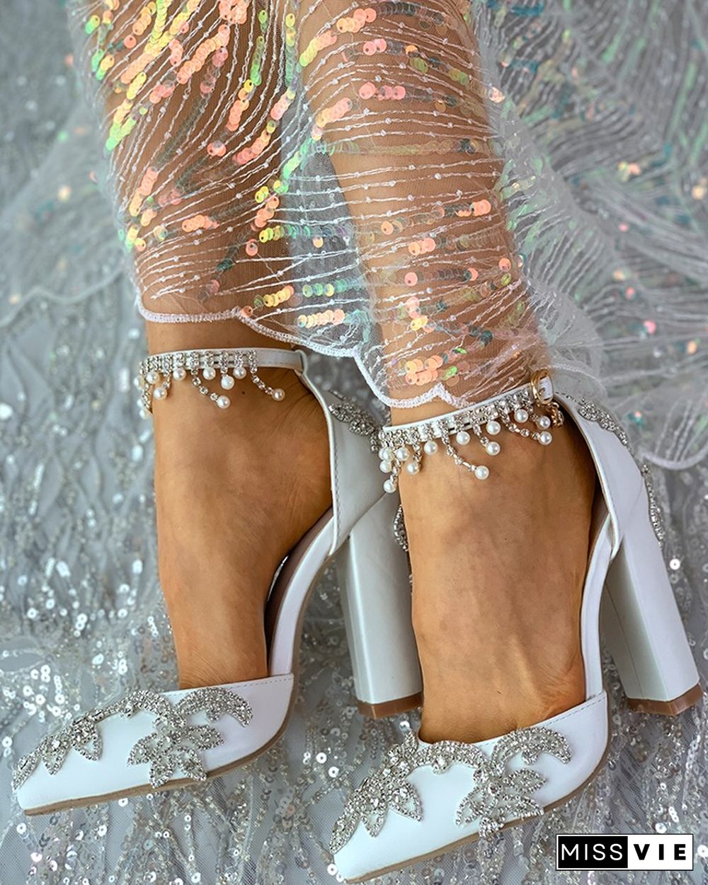 Studded Decor Beaded Tassel Chunky Heels