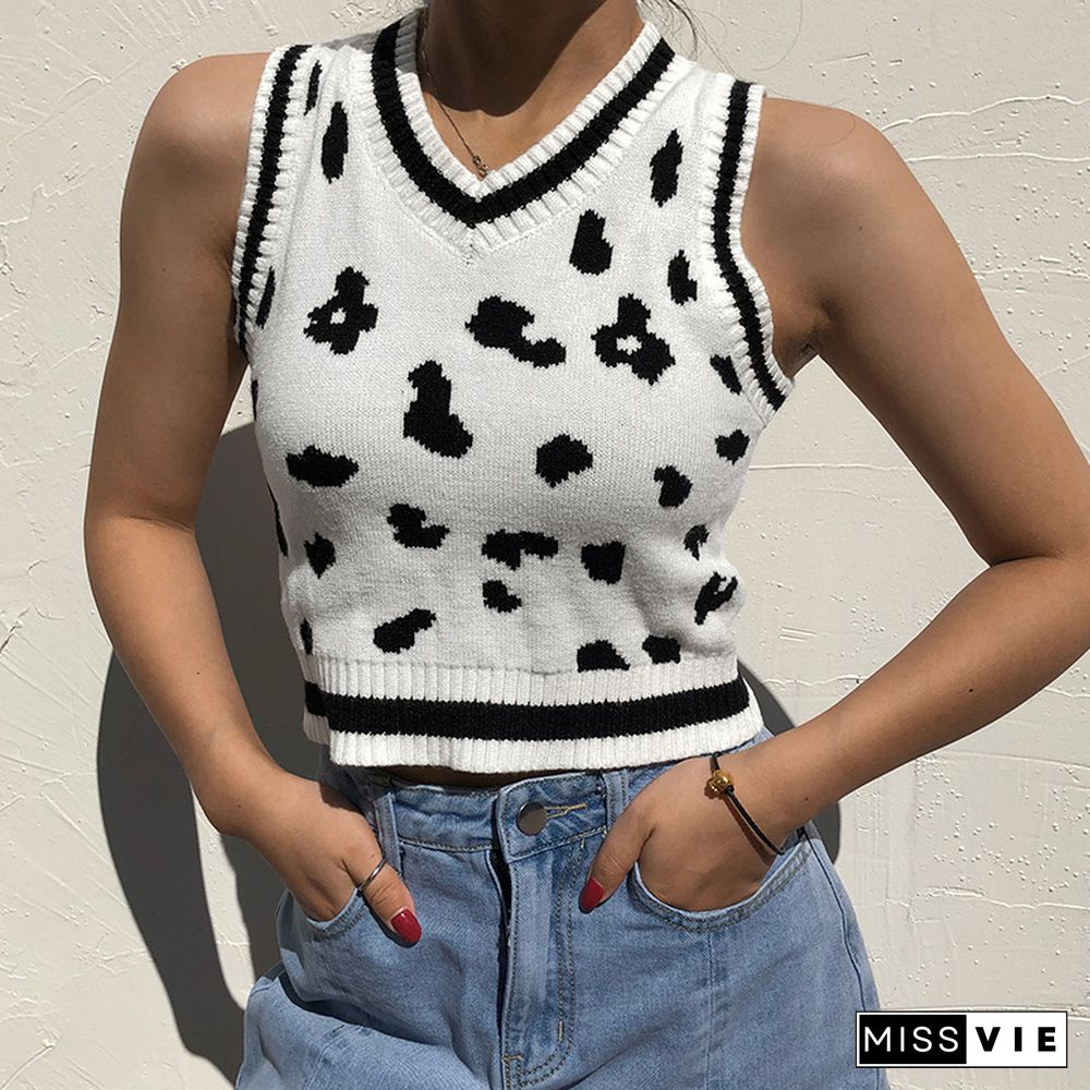 Fashion Cow Print Sweater Vest Women Knitted Pullovers Loose Vintage Waistcoat Sleeveless Pullover Sweater Tops Knitted Tops