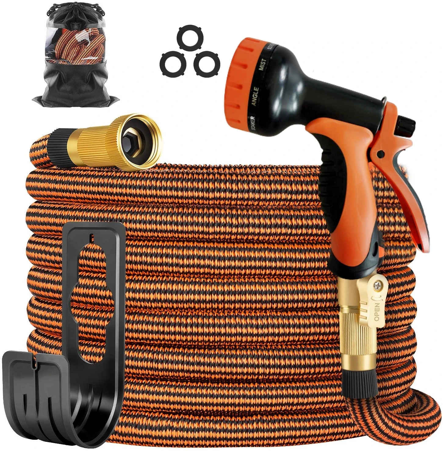 Black+Orange Garden Supplies Expandable Hose solid brass fitting with multifunctional water gun best for Watering