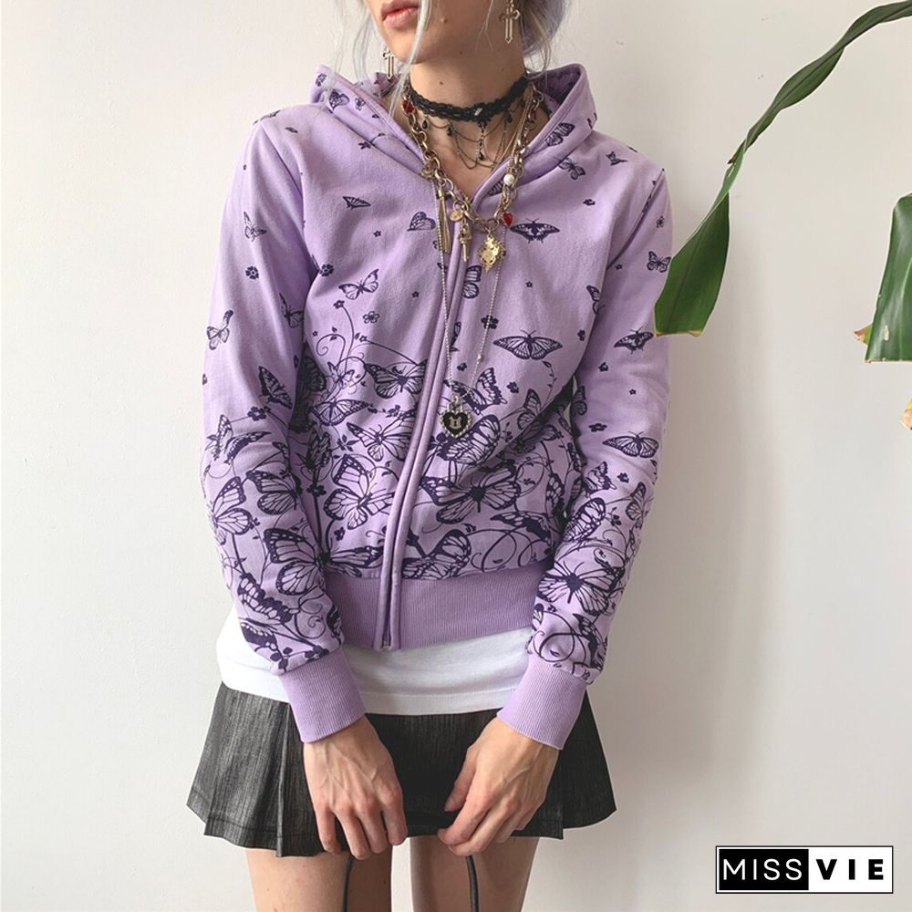 Butterfly Coat Aesthetic Fairycore Grunge Long Sleeve Crop Tops Y2k Women Hooded Jacket Kawaii Sweet Streetwear