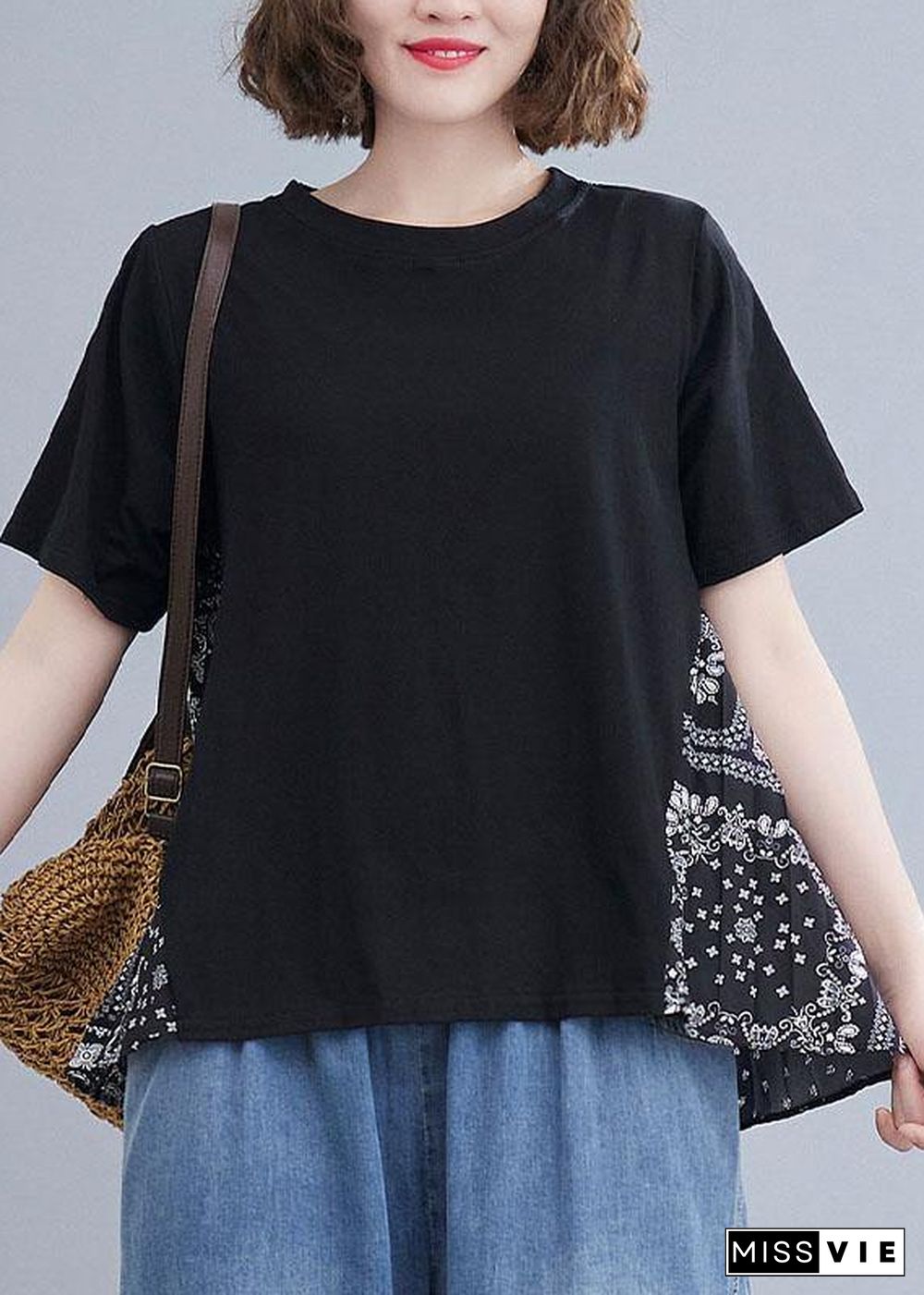 Plus Size Black Patchwork Print O-Neck Cotton Tops Summer