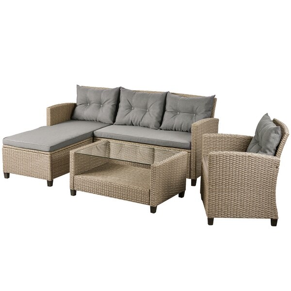 4Piece Classic Conversation Set，Wicker Rattan Patio Sofa with Cushions