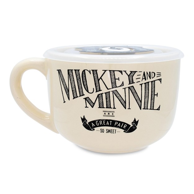 Silver Buffalo Disney Vintage Mickey And Minnie Mouse Ceramic Soup Mug With Lid 24 Ounces