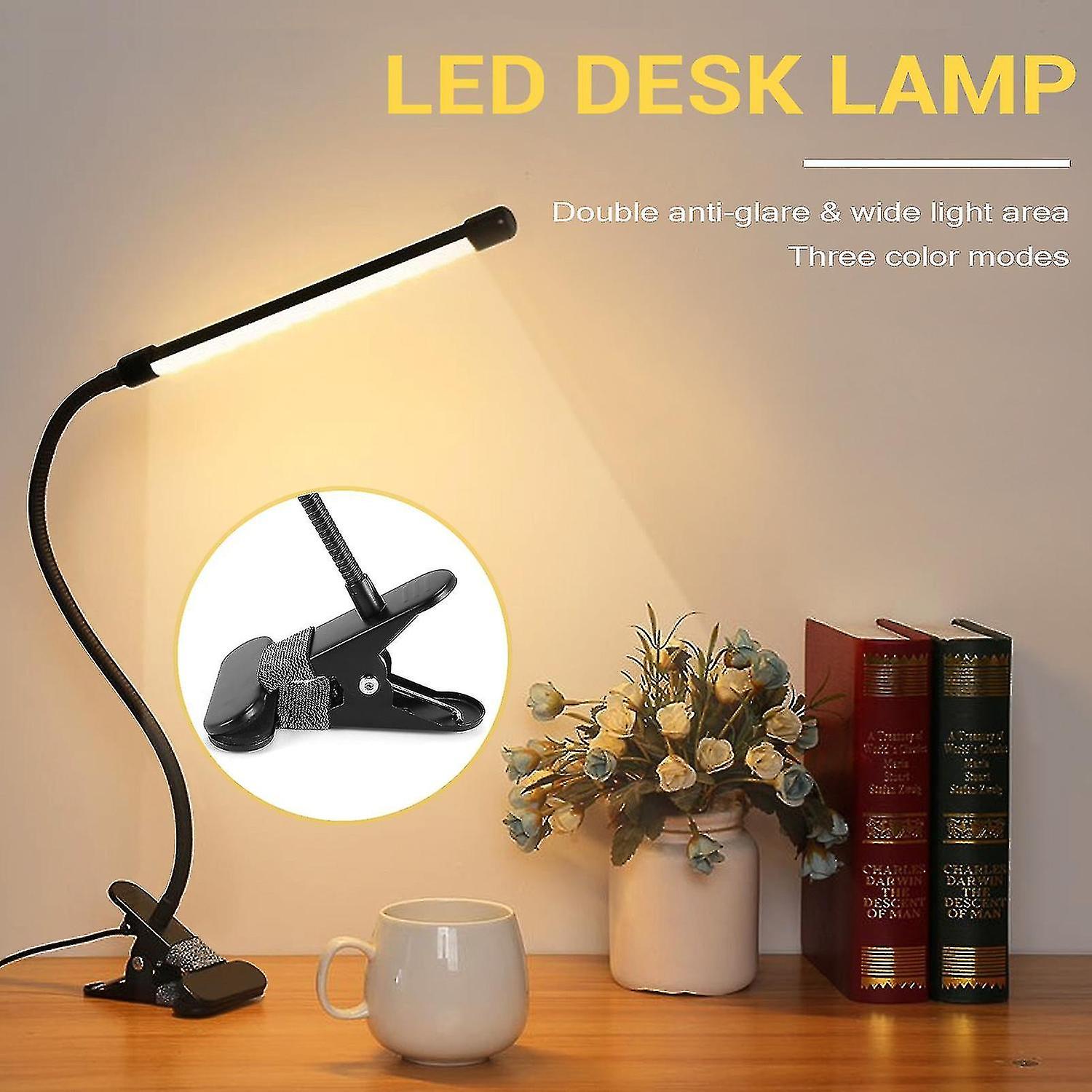 8w Led Clip On Lamp， Desk Light With 3 Modes 2m Cable Dimmer 10 Levels Clamp Table Lights