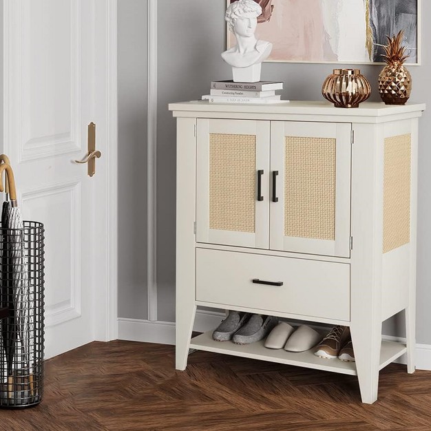 Trinity Accent Cabinet Rattan Buffet Cabinet With Storage Sideboard Cupboard Console Table For Living Room Dining Room Hallway Off White